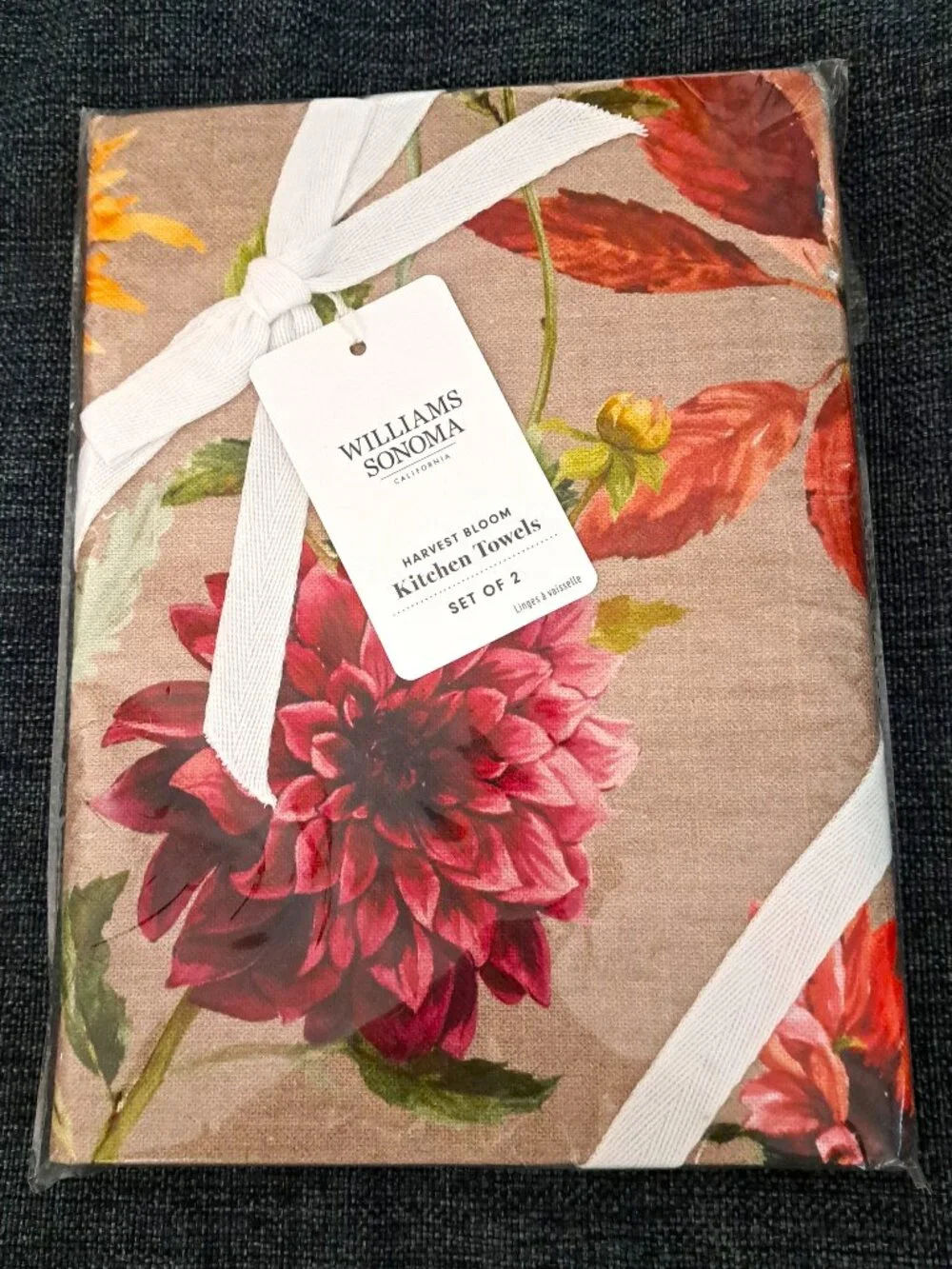 WILLIAM SONOMA NWT KITCHEN TOWELS 100% COTTON THANKSGIVING HARVEST BLOOM FALL